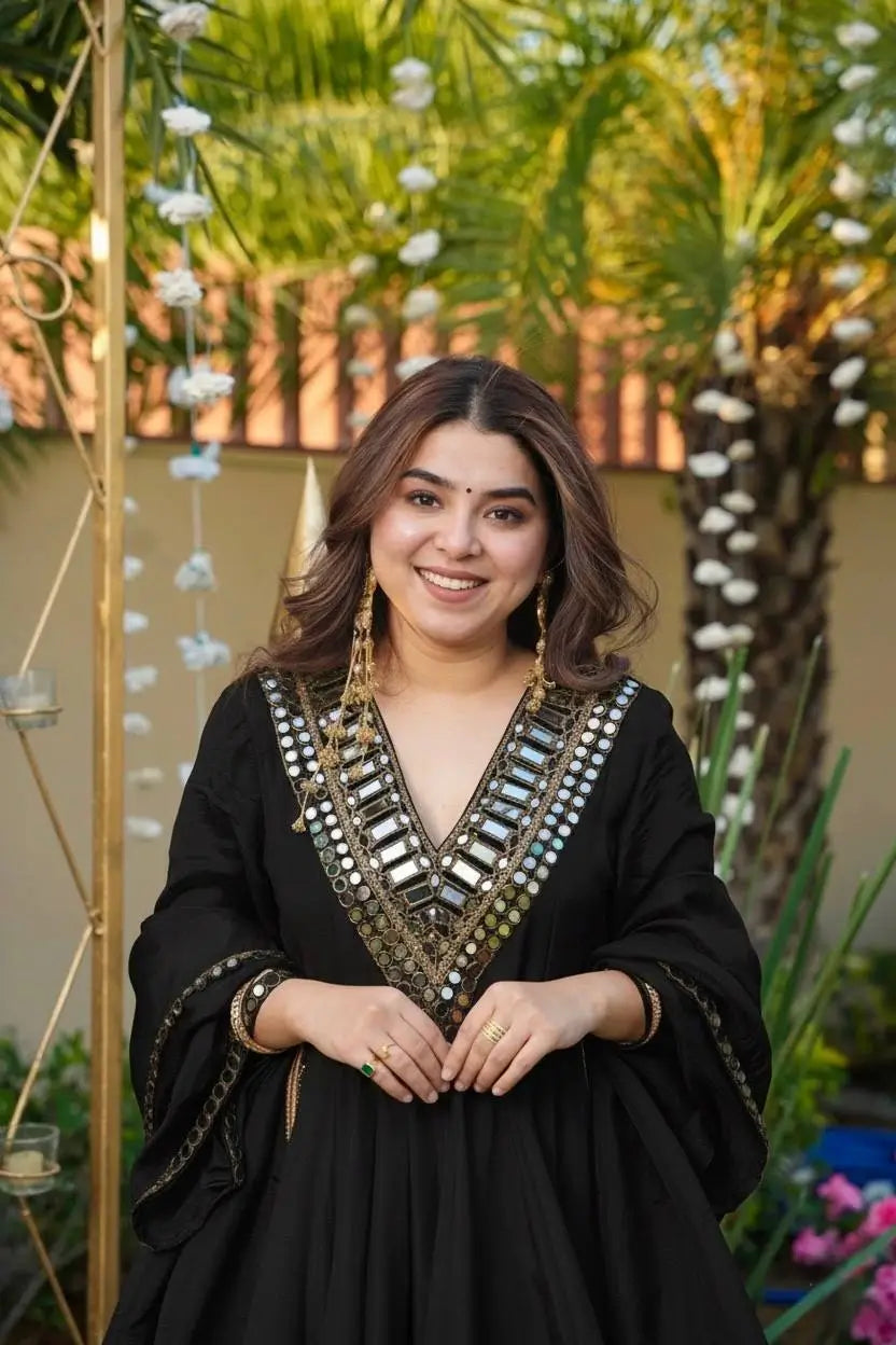 Cosmos Fabric Mirror Work Anarkali Plazo Set