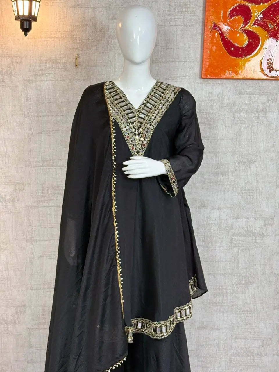 Cosmos Fabric Mirror Work Anarkali Plazo Set