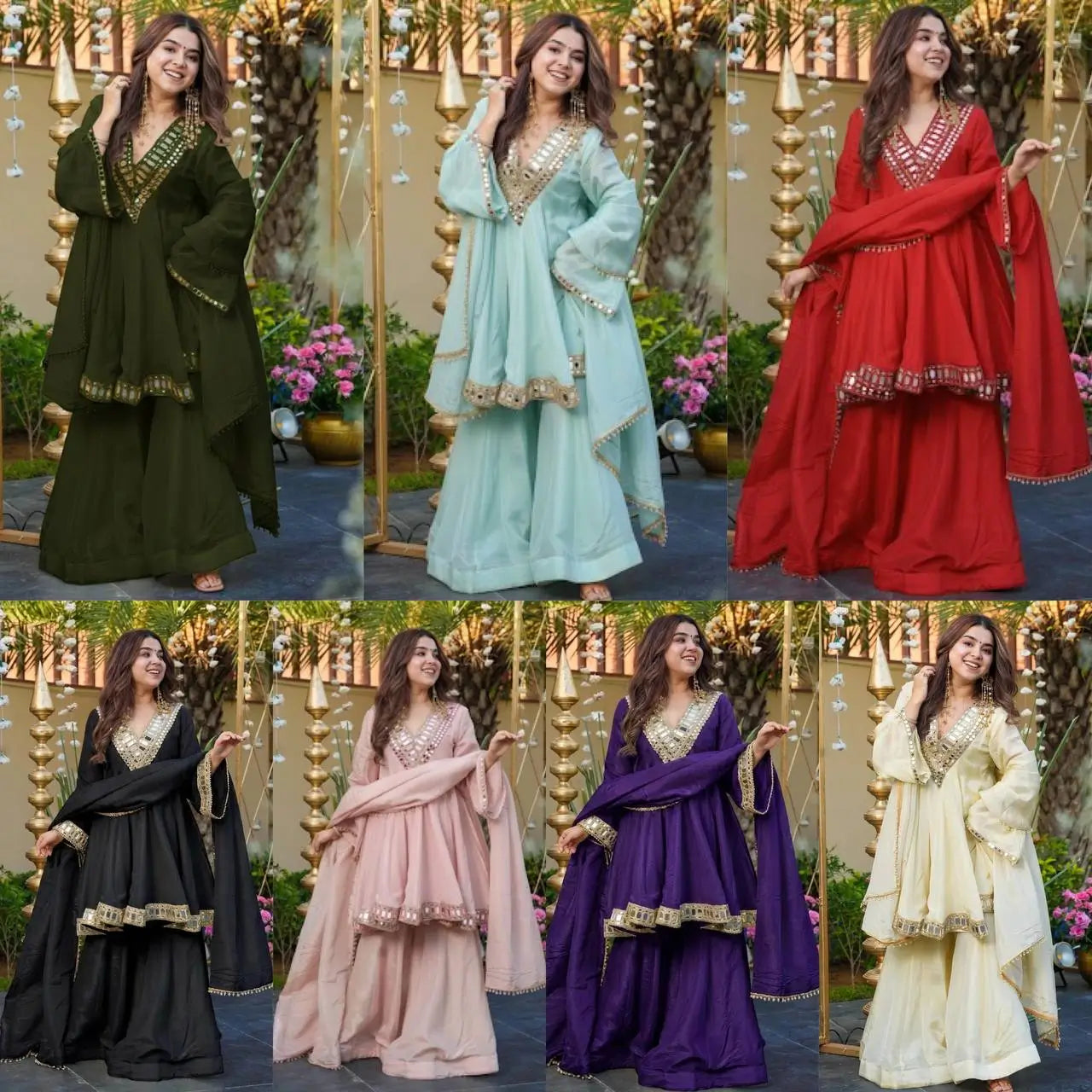 Cosmos Fabric Mirror Work Anarkali Plazo Set