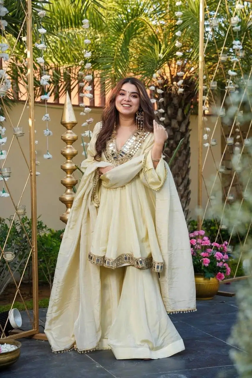Cosmos Fabric Mirror Work Anarkali Plazo Set