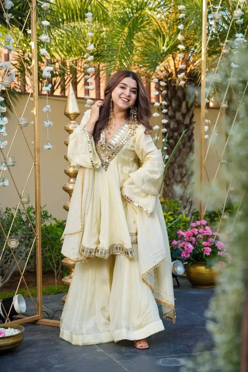 Cosmos Fabric Mirror Work Anarkali Plazo Set