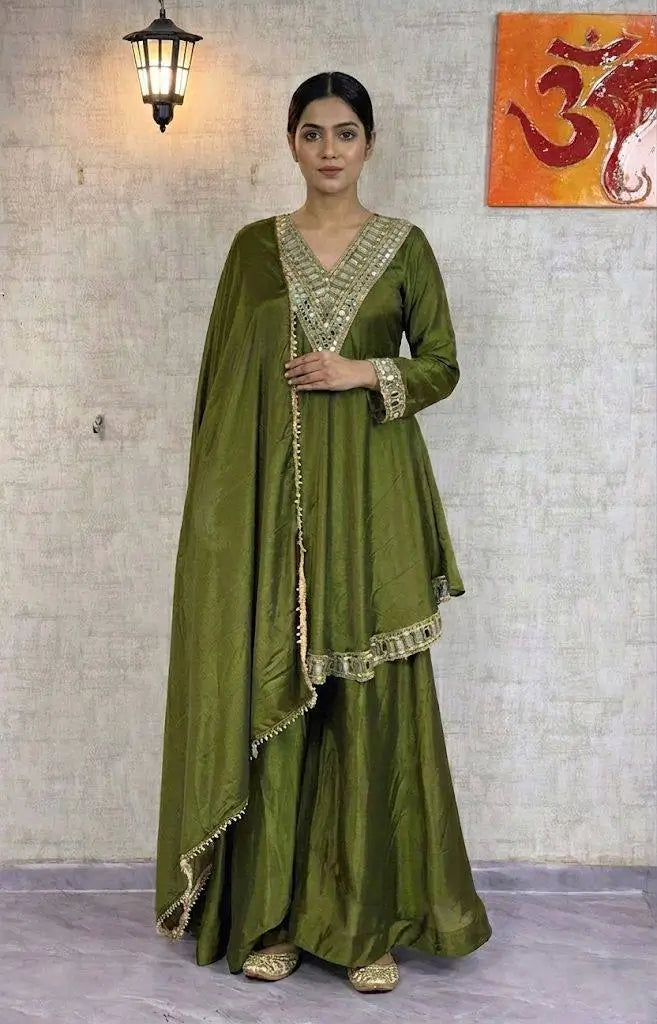 Cosmos Fabric Mirror Work Anarkali Plazo Set
