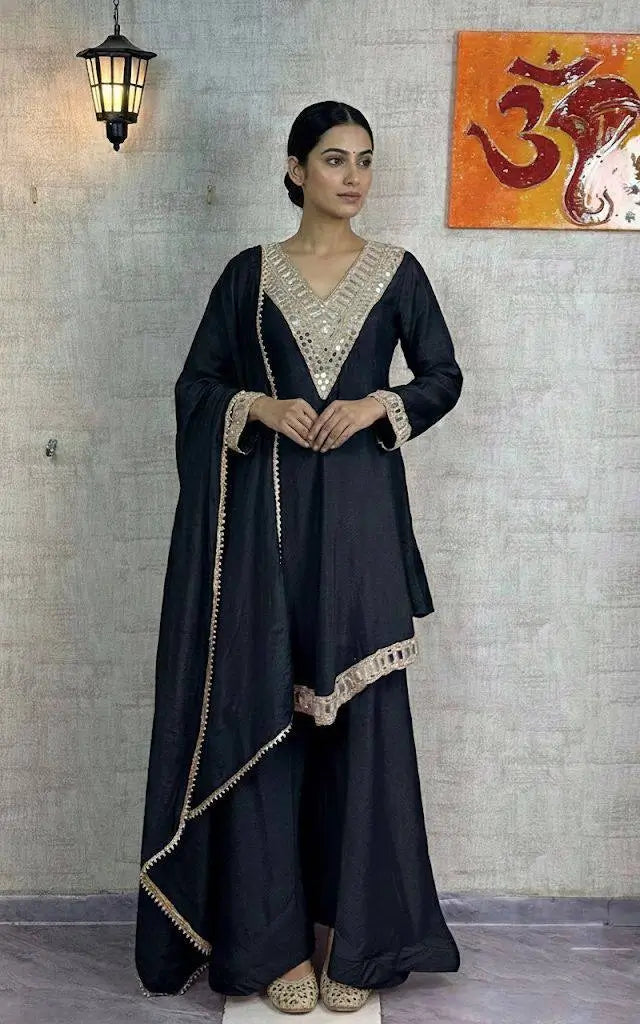 Cosmos Fabric Mirror Work Anarkali Plazo Set