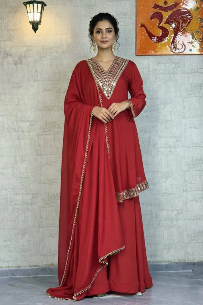 Cosmos Fabric Mirror Work Anarkali Plazo Set