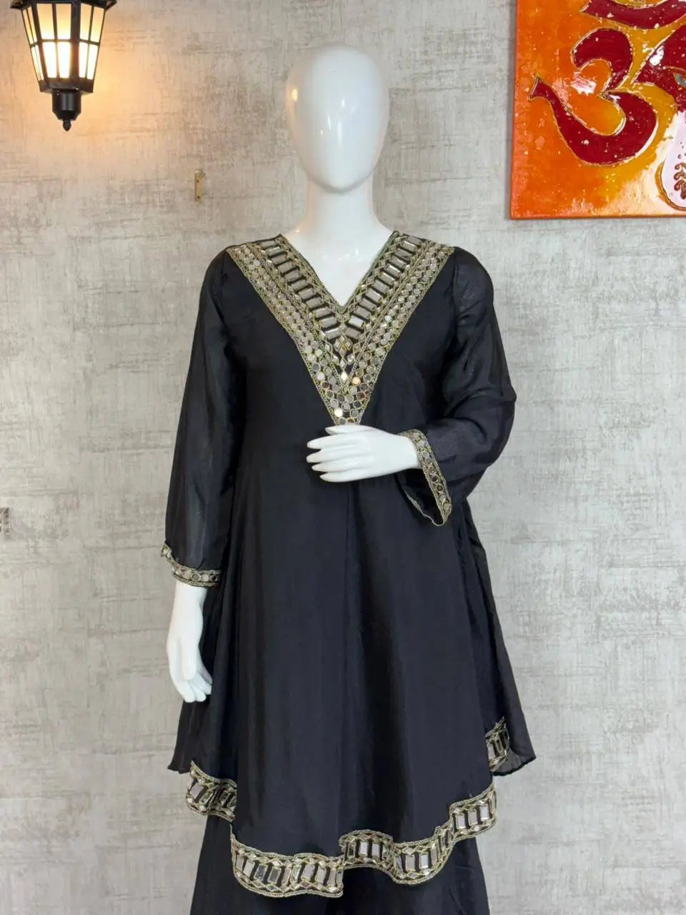 Cosmos Fabric Mirror Work Anarkali Plazo Set