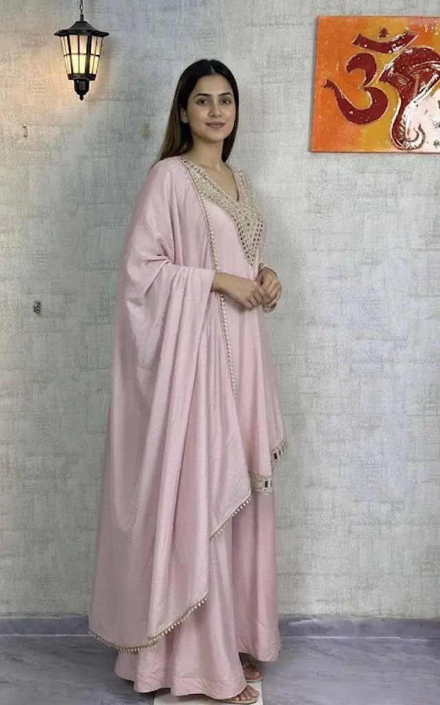 Cosmos Fabric Mirror Work Anarkali Plazo Set