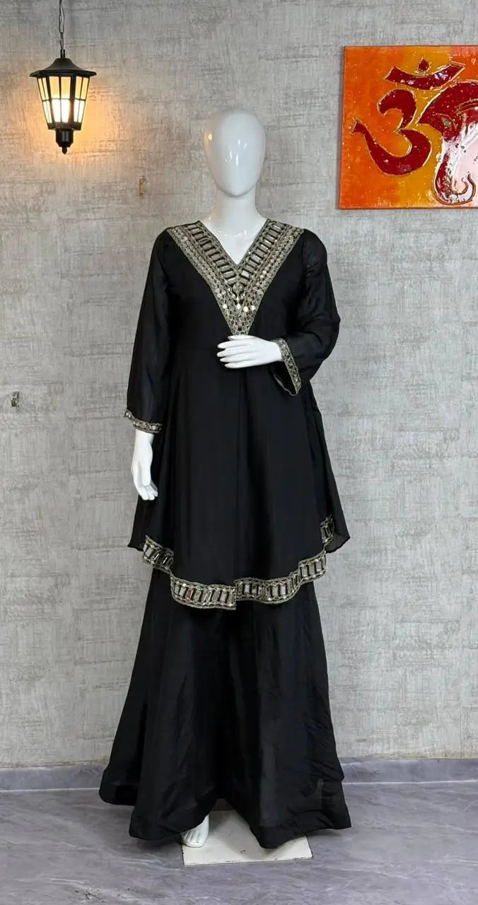 Cosmos Fabric Mirror Work Anarkali Plazo Set