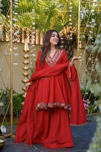 Cosmos Fabric Mirror Work Anarkali Plazo Set