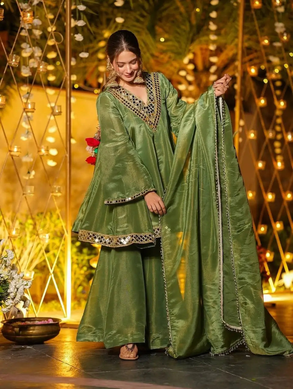 Cosmos Fabric Mirror Work Anarkali Plazo Set