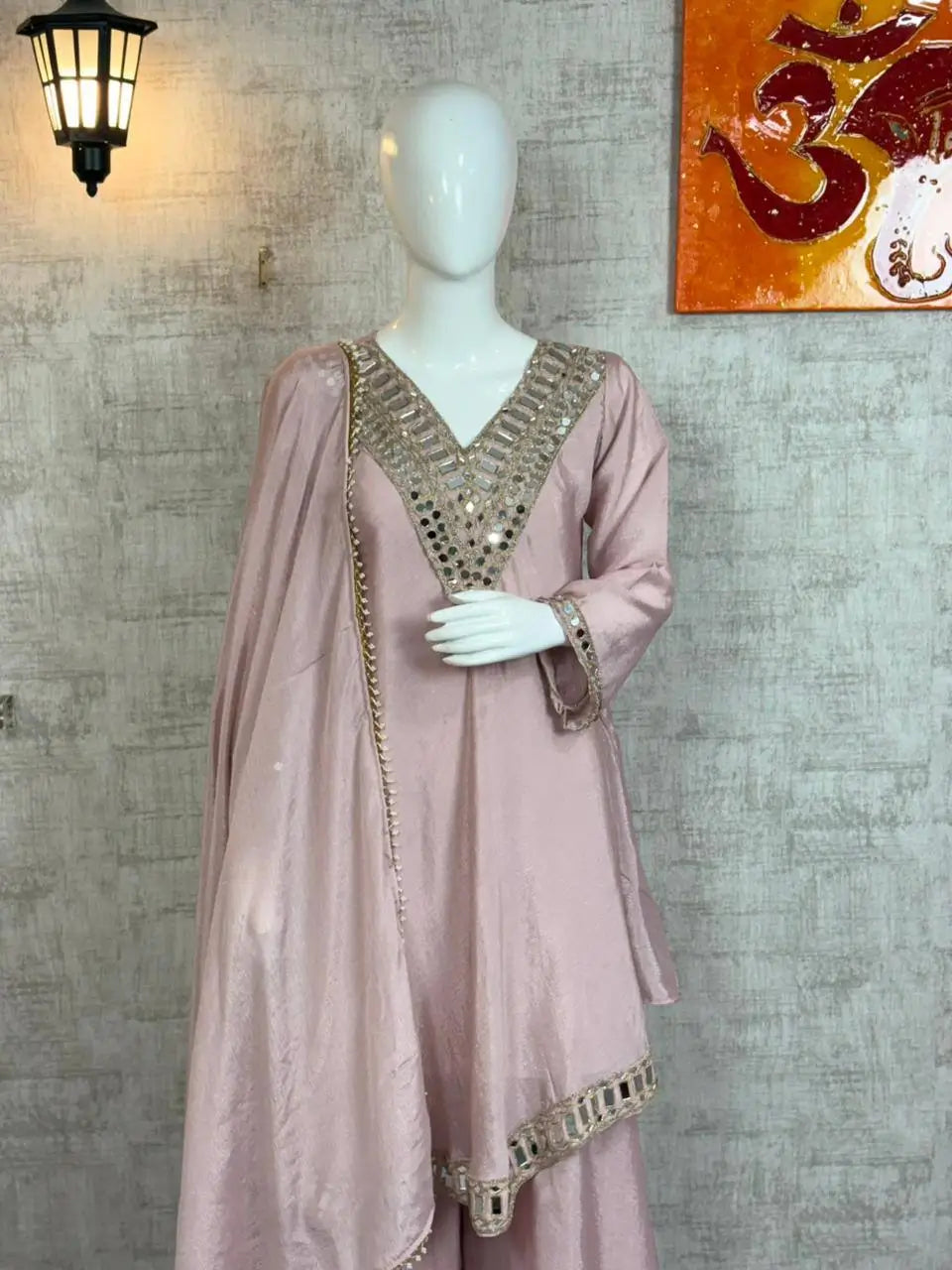Cosmos Fabric Mirror Work Anarkali Plazo Set