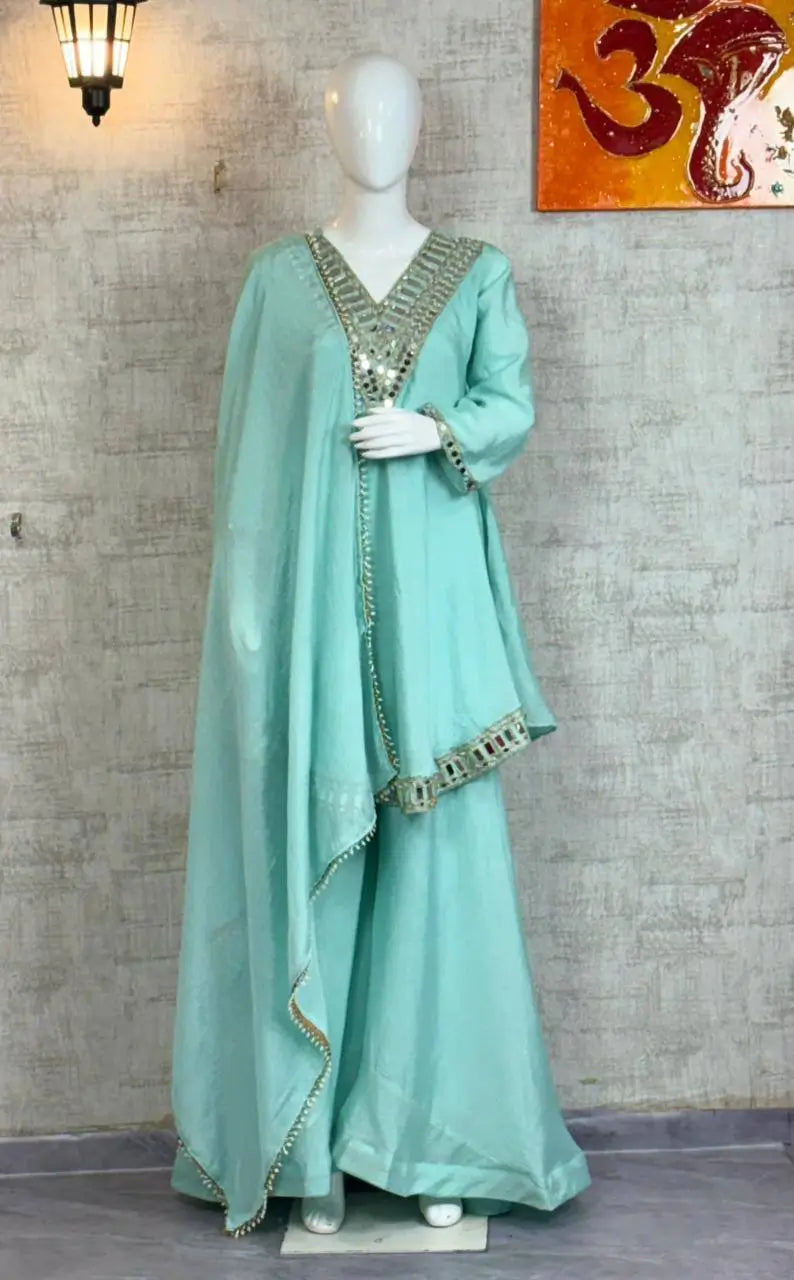 Cosmos Fabric Mirror Work Anarkali Plazo Set