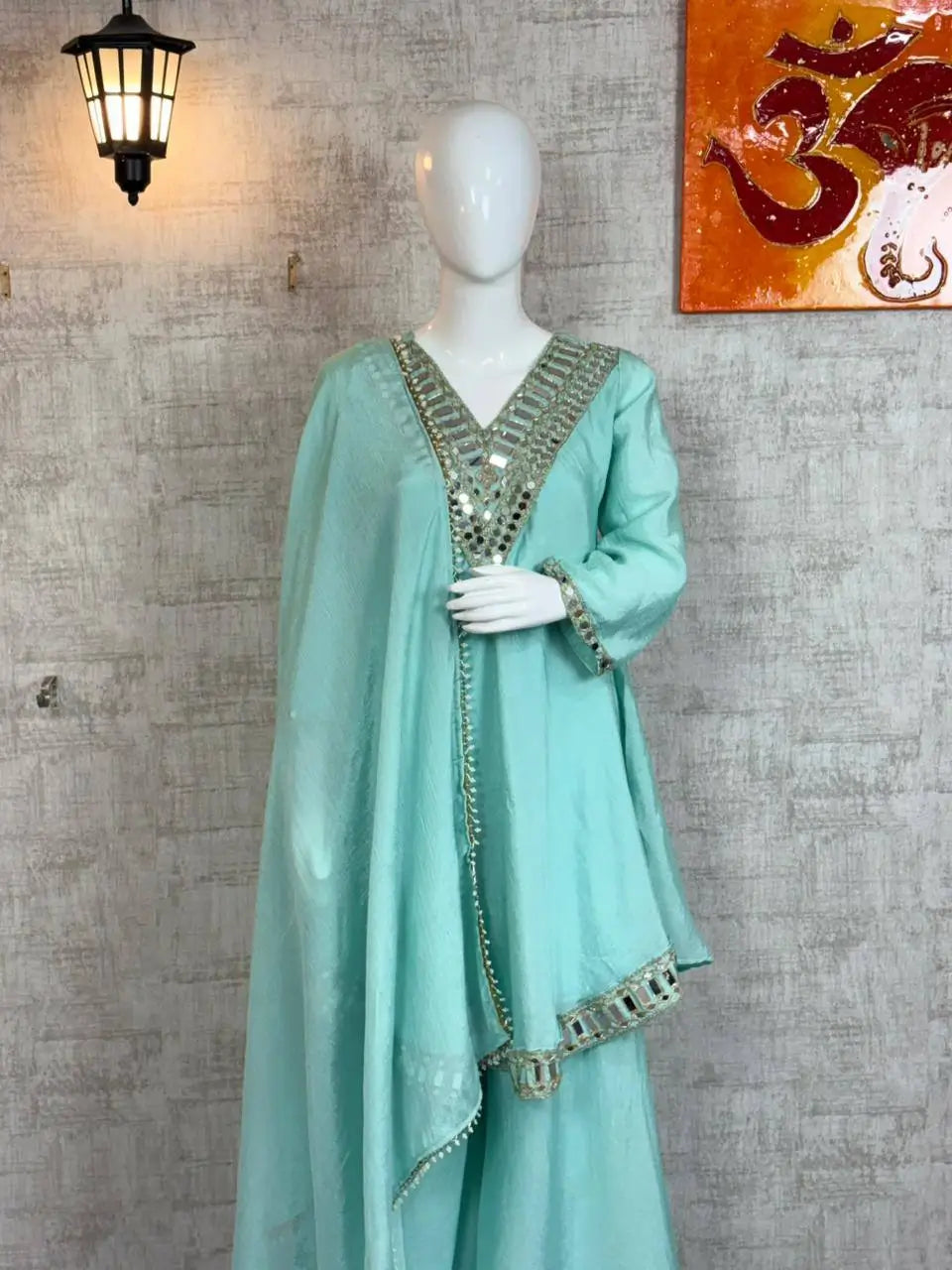 Cosmos Fabric Mirror Work Anarkali Plazo Set