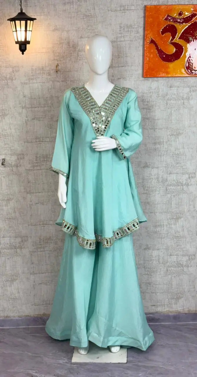 Cosmos Fabric Mirror Work Anarkali Plazo Set