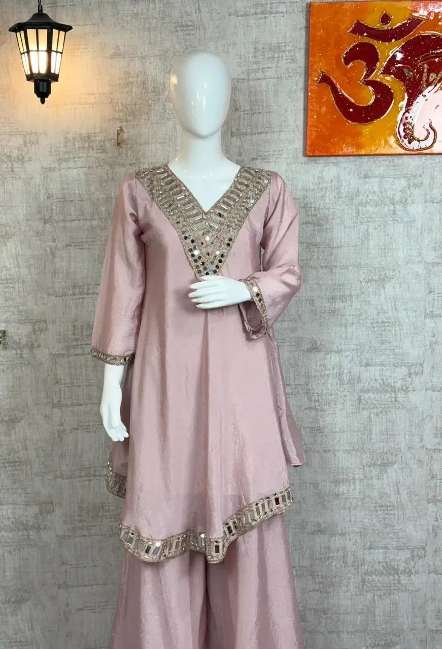 Cosmos Fabric Mirror Work Anarkali Plazo Set