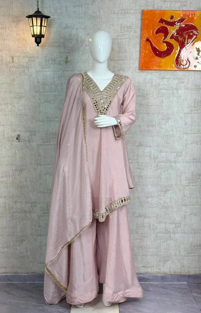 Cosmos Fabric Mirror Work Anarkali Plazo Set