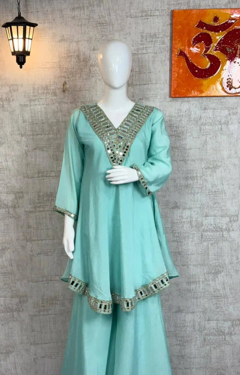 Cosmos Fabric Mirror Work Anarkali Plazo Set