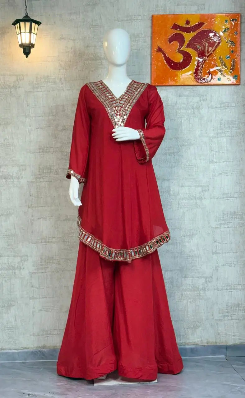 Cosmos Fabric Mirror Work Anarkali Plazo Set