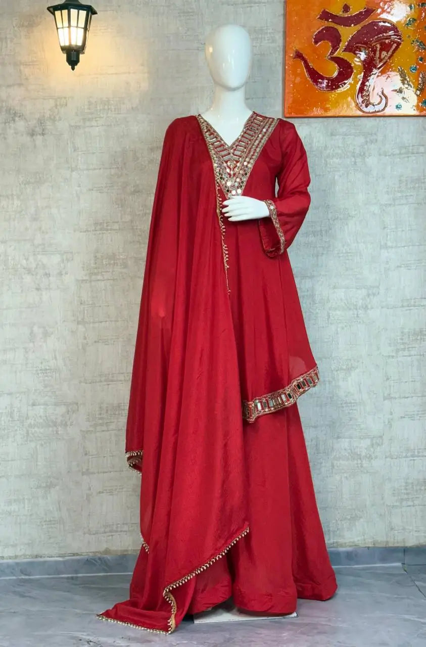 Cosmos Fabric Mirror Work Anarkali Plazo Set