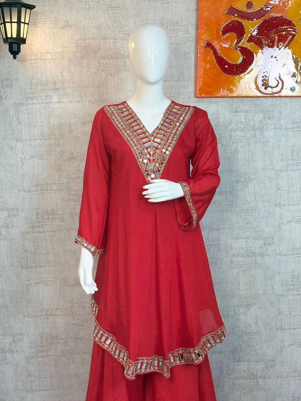 Cosmos Fabric Mirror Work Anarkali Plazo Set