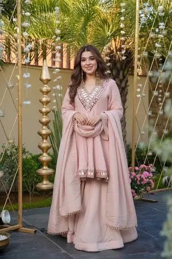 Cosmos Fabric Mirror Work Anarkali Plazo Set