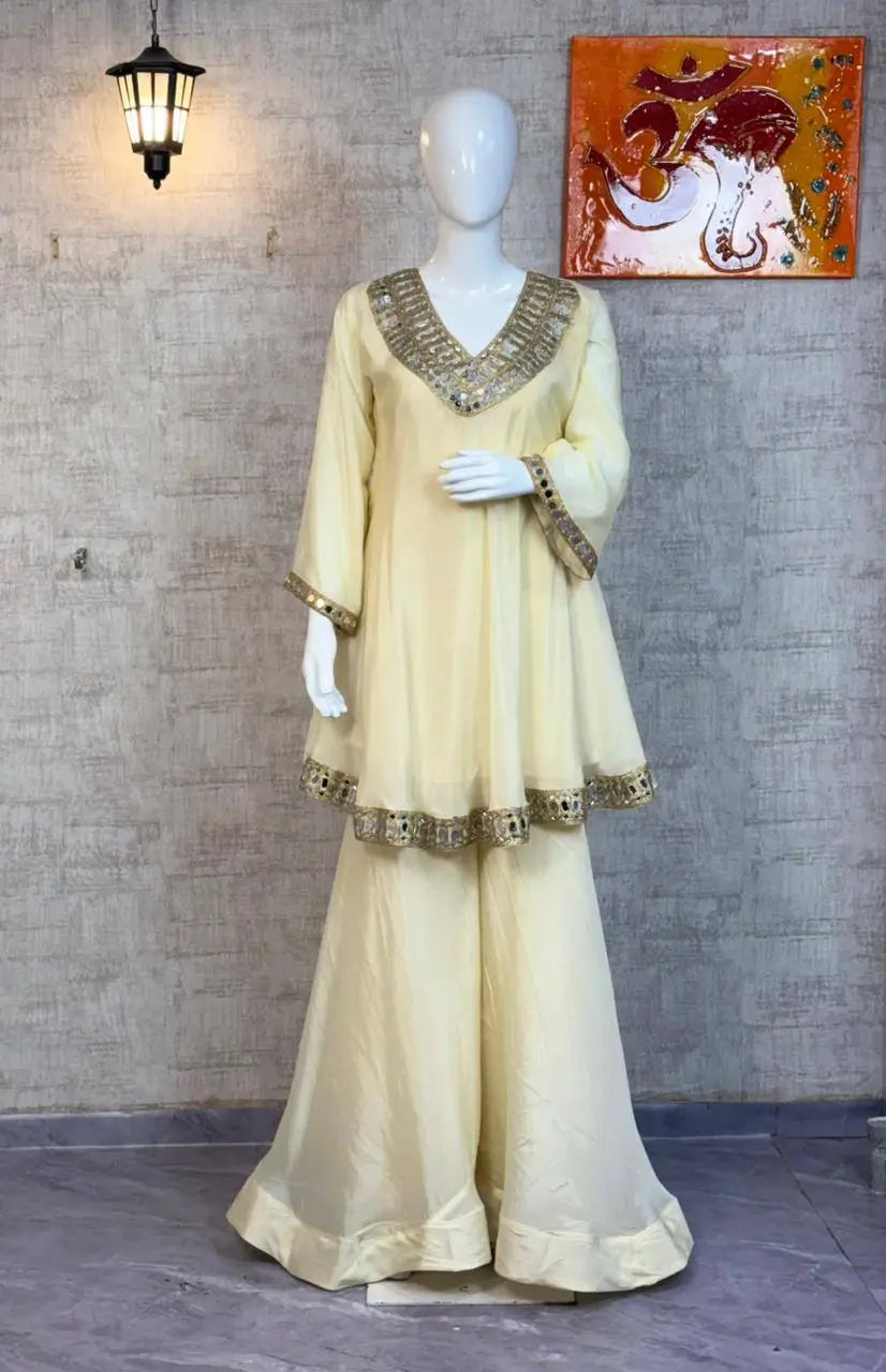 Cosmos Fabric Mirror Work Anarkali Plazo Set