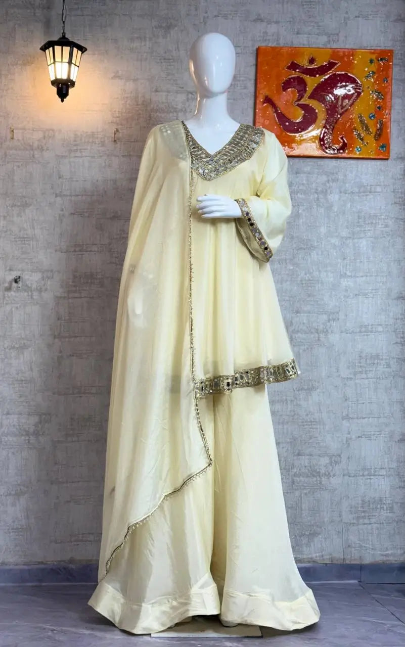 Cosmos Fabric Mirror Work Anarkali Plazo Set