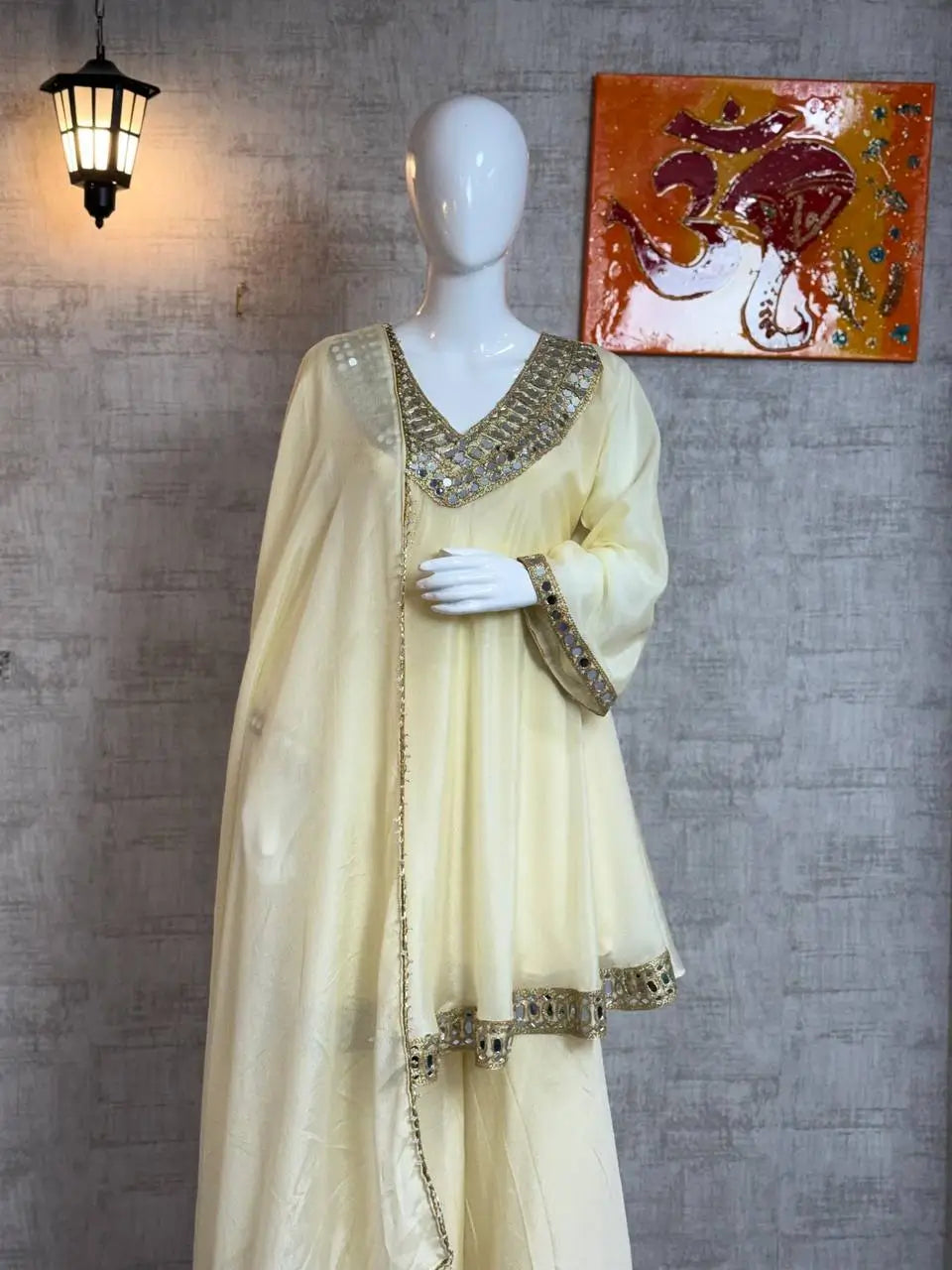 Cosmos Fabric Mirror Work Anarkali Plazo Set