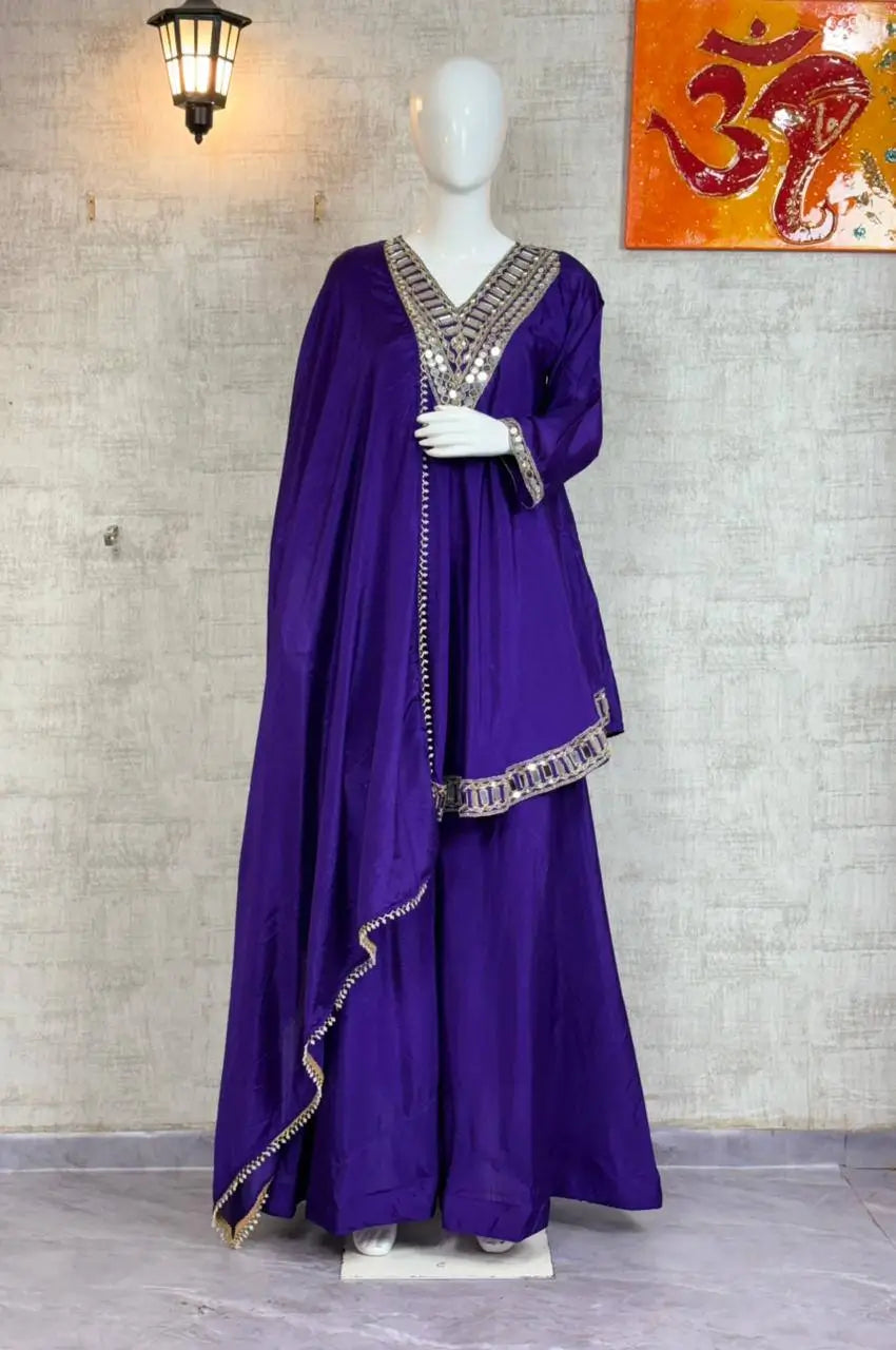 Cosmos Fabric Mirror Work Anarkali Plazo Set