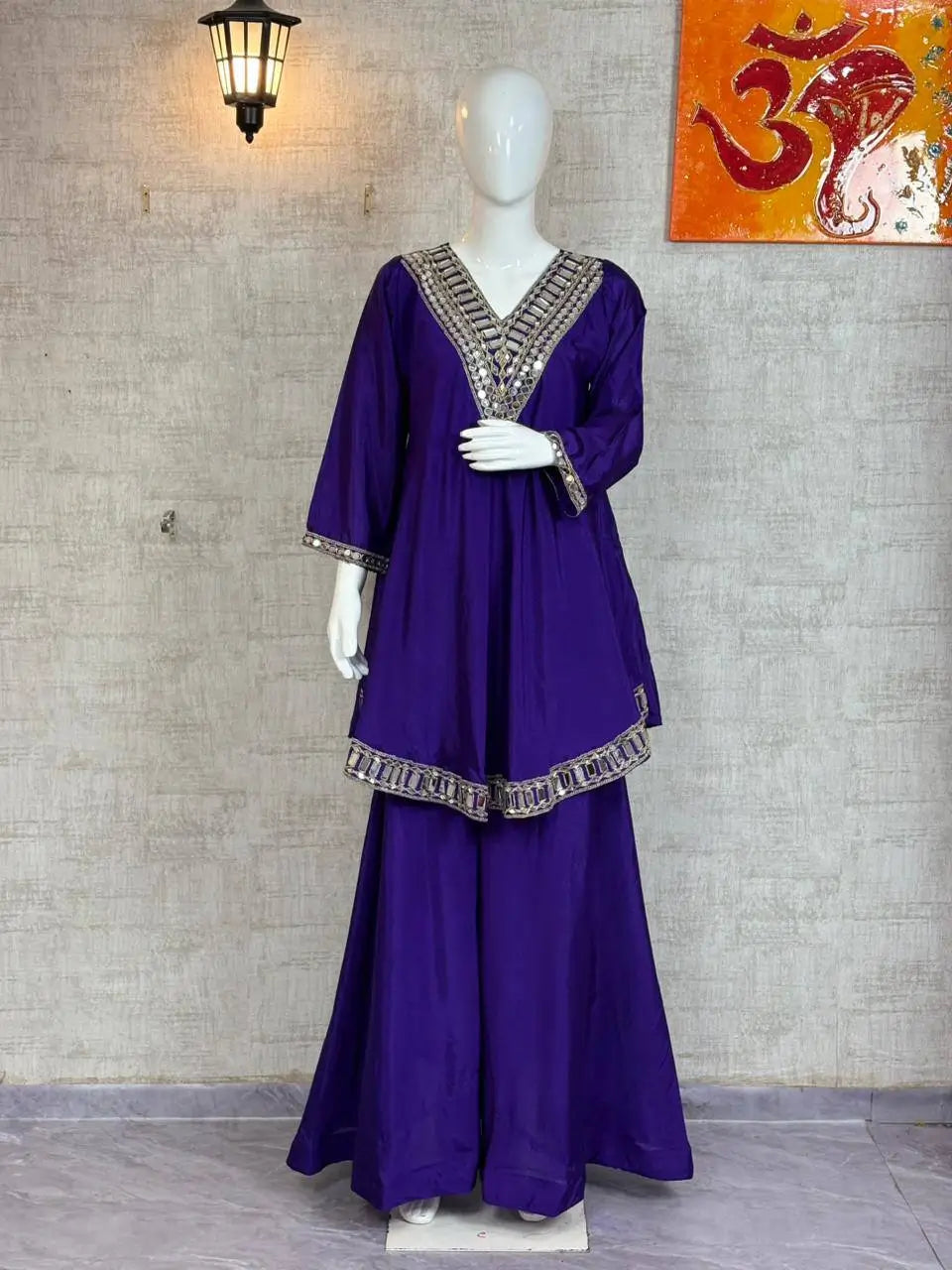 Cosmos Fabric Mirror Work Anarkali Plazo Set