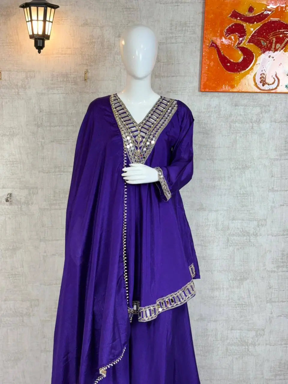 Cosmos Fabric Mirror Work Anarkali Plazo Set