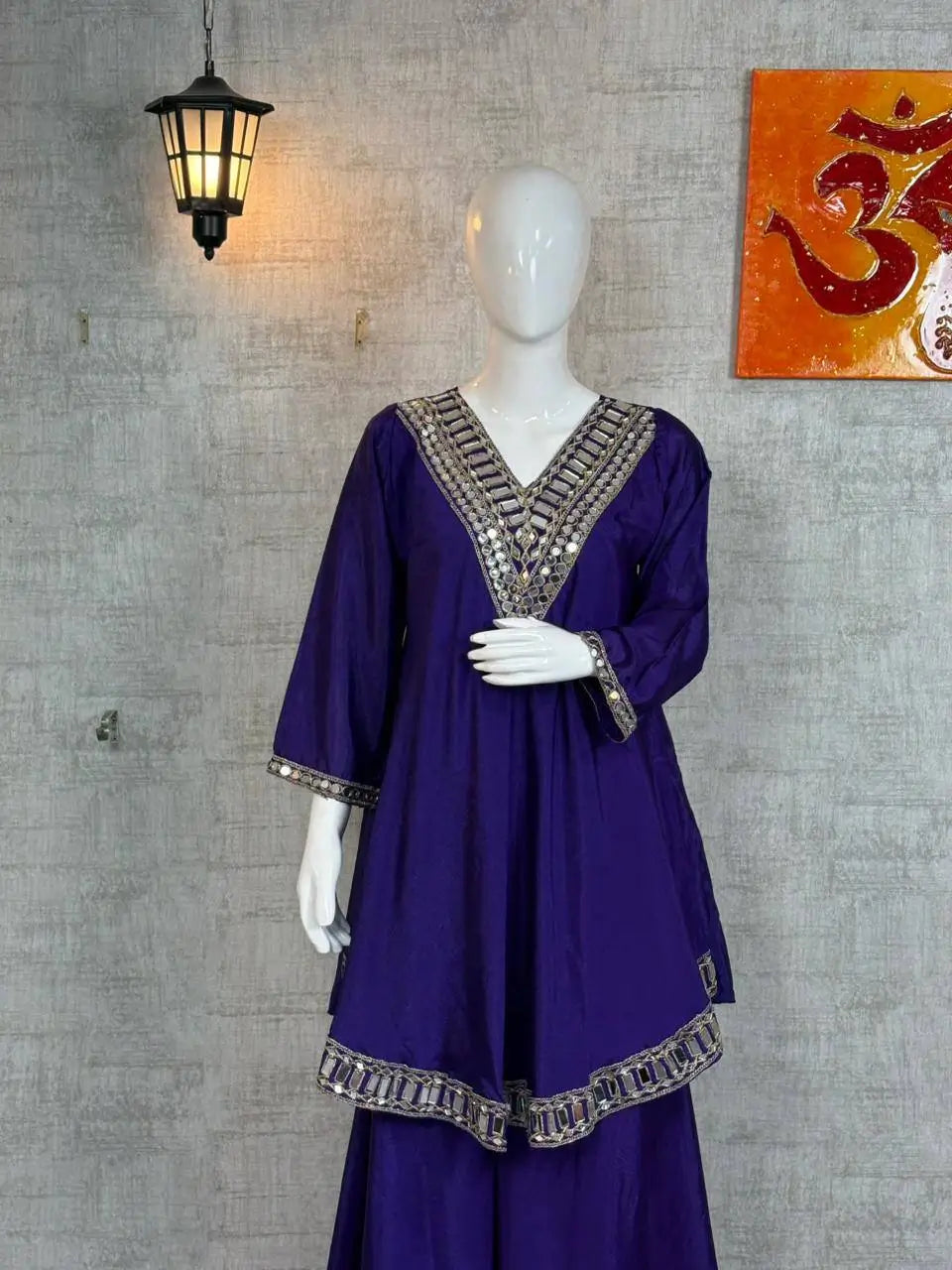Cosmos Fabric Mirror Work Anarkali Plazo Set