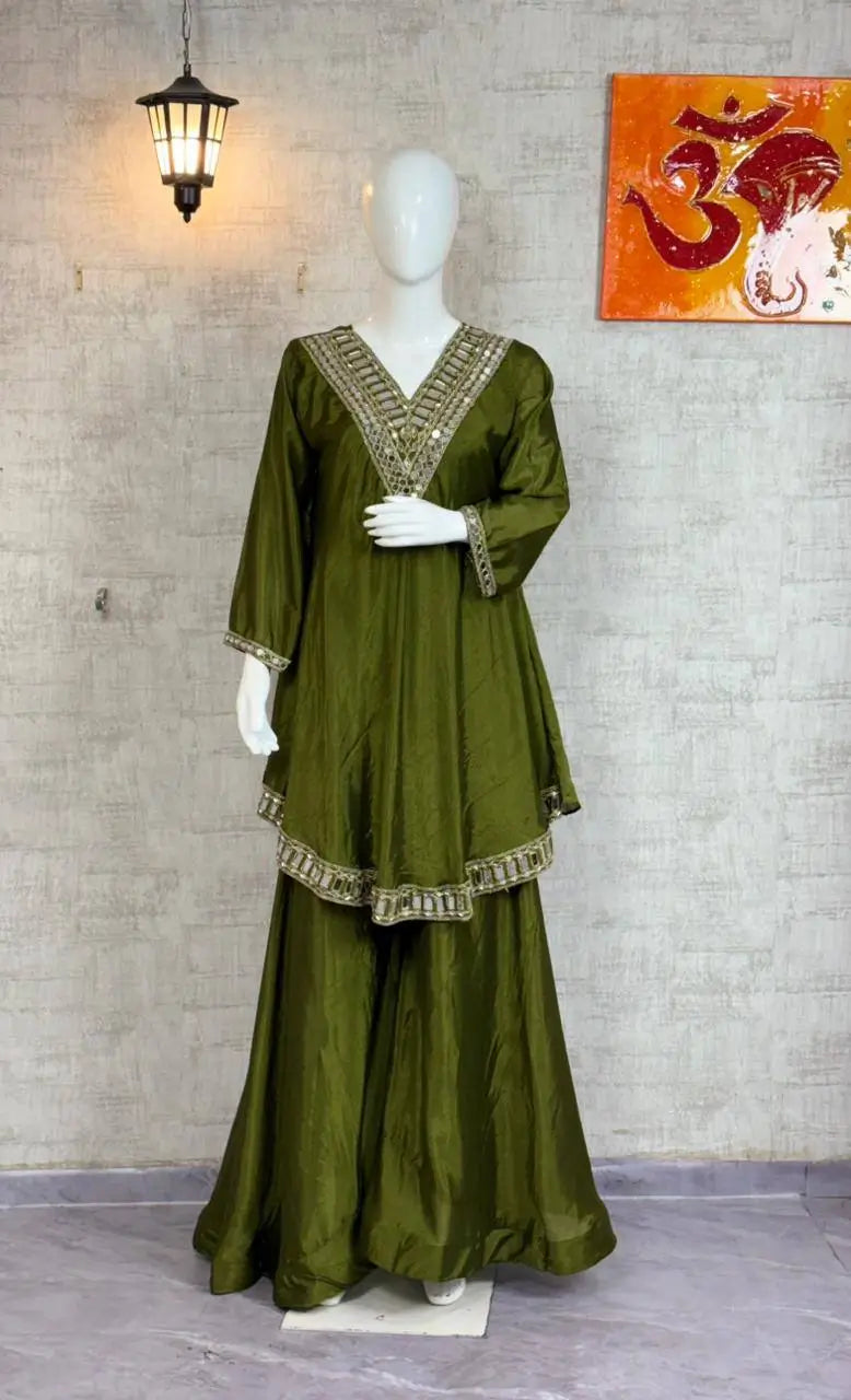 Cosmos Fabric Mirror Work Anarkali Plazo Set