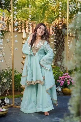 Cosmos Fabric Mirror Work Anarkali Plazo Set