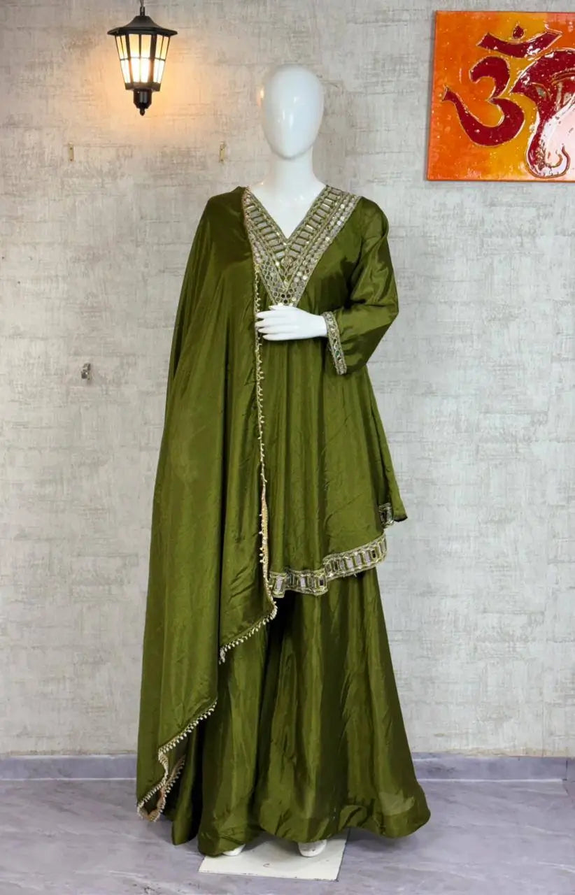 Cosmos Fabric Mirror Work Anarkali Plazo Set