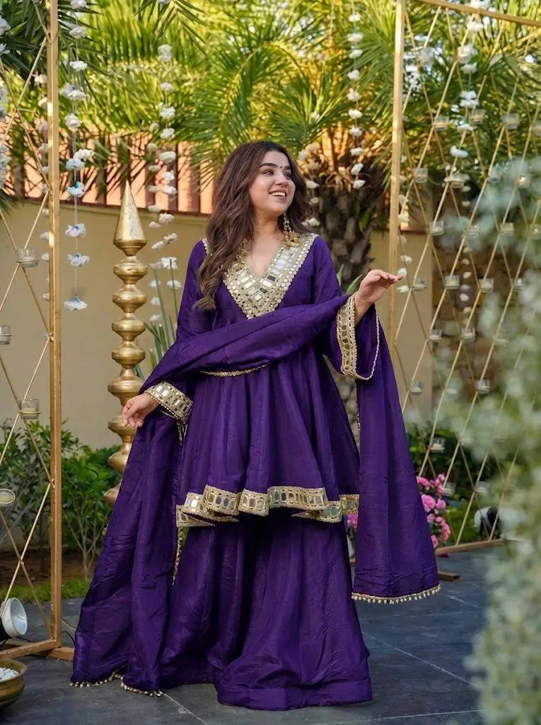 Cosmos Fabric Mirror Work Anarkali Plazo Set