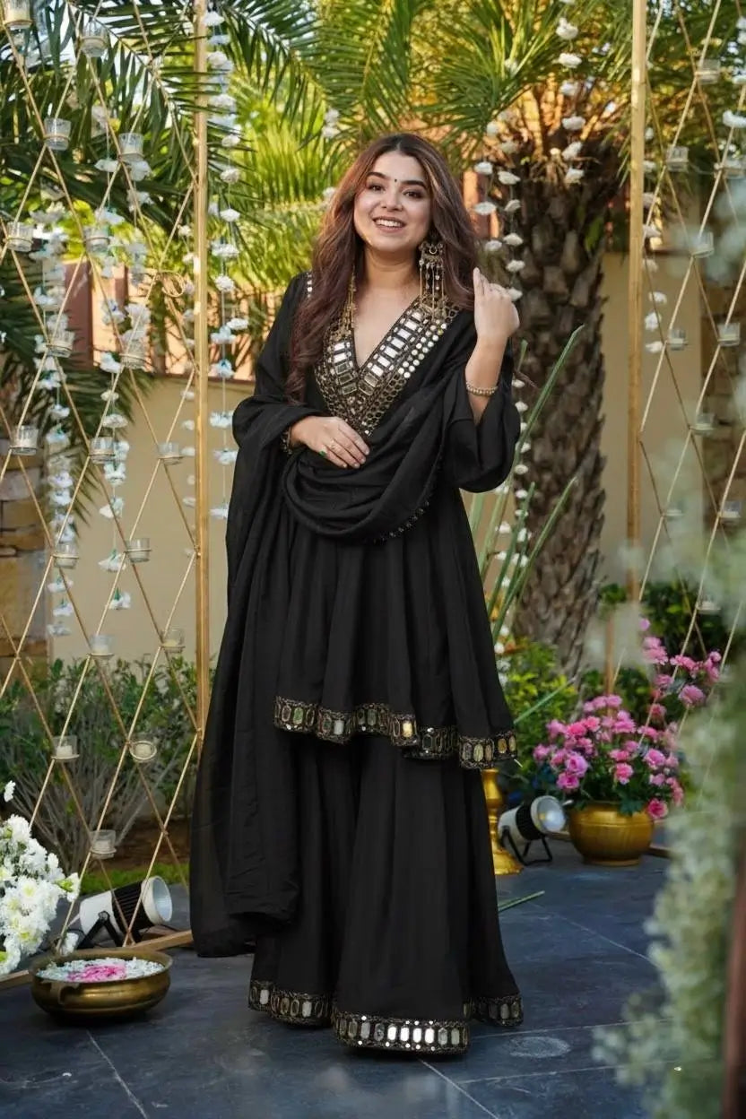 Cosmos Fabric Mirror Work Anarkali Plazo Set