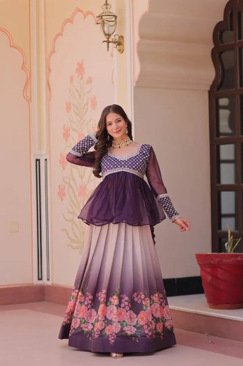 Cosmos Floral Print Lehenga with Embroidered Chiffon Peplum Blouse – Gajri & Purple
