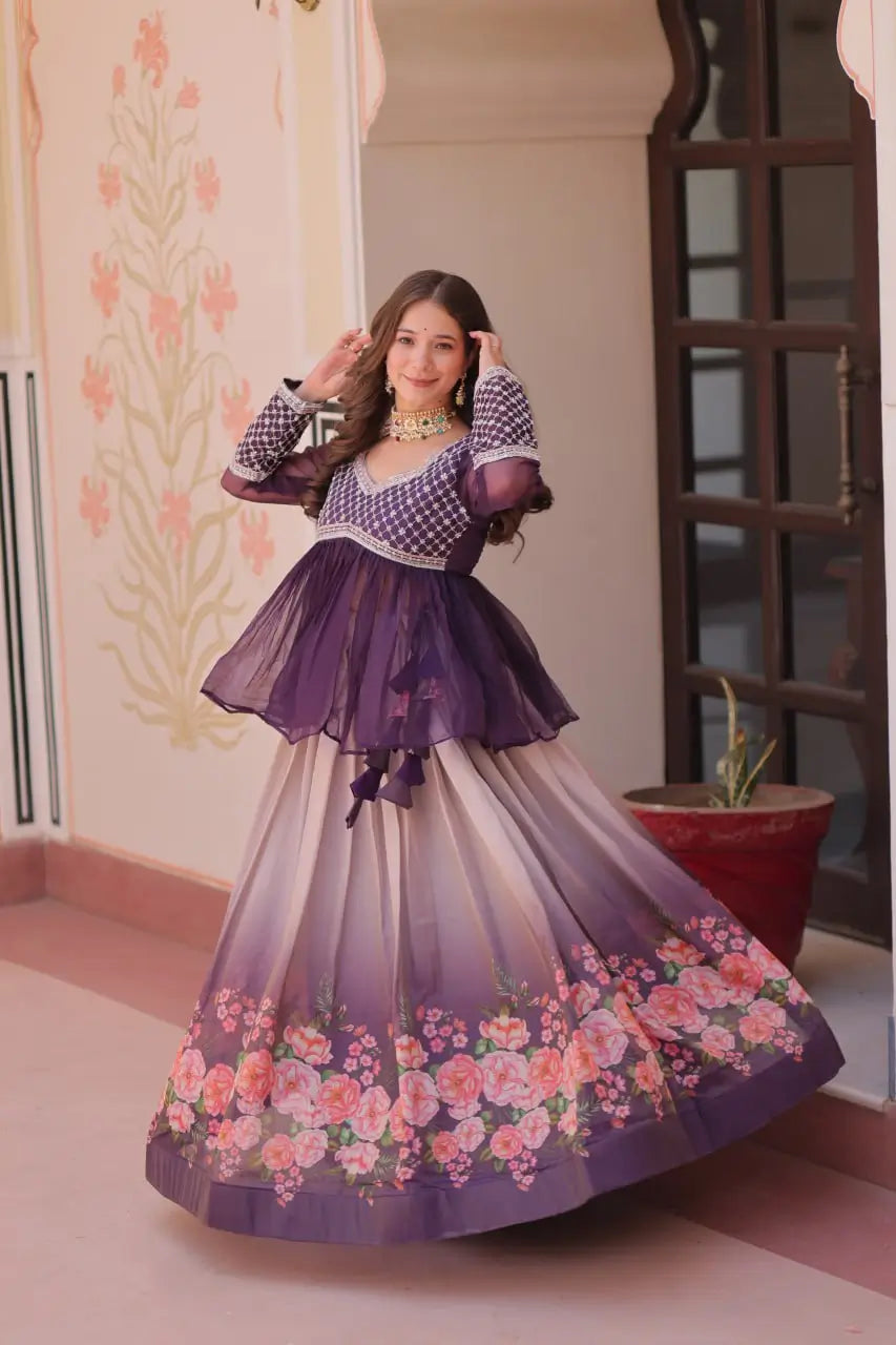 Cosmos Floral Print Lehenga with Embroidered Chiffon Peplum Blouse – Gajri & Purple