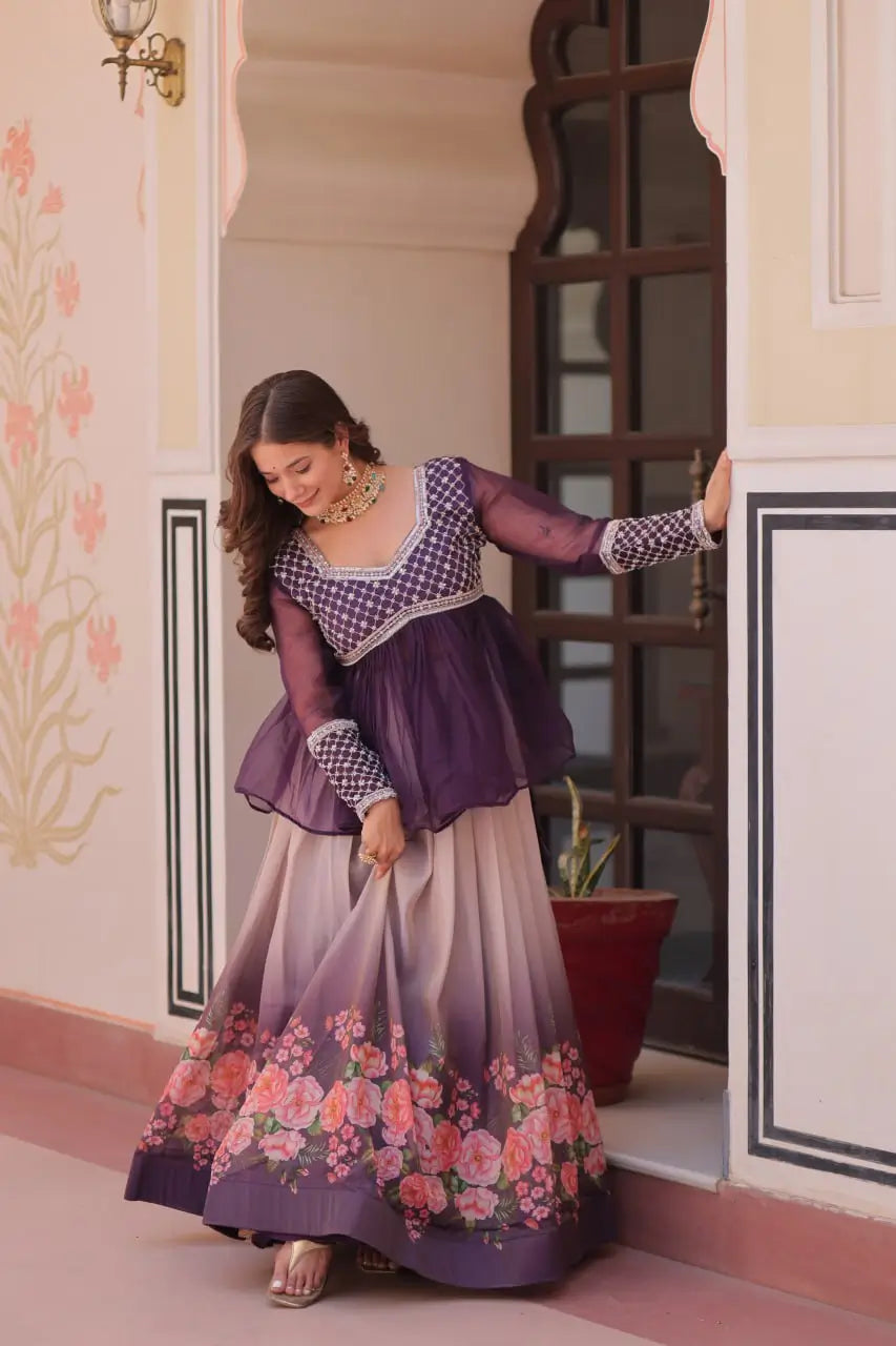 Cosmos Floral Print Lehenga with Embroidered Chiffon Peplum Blouse – Gajri & Purple