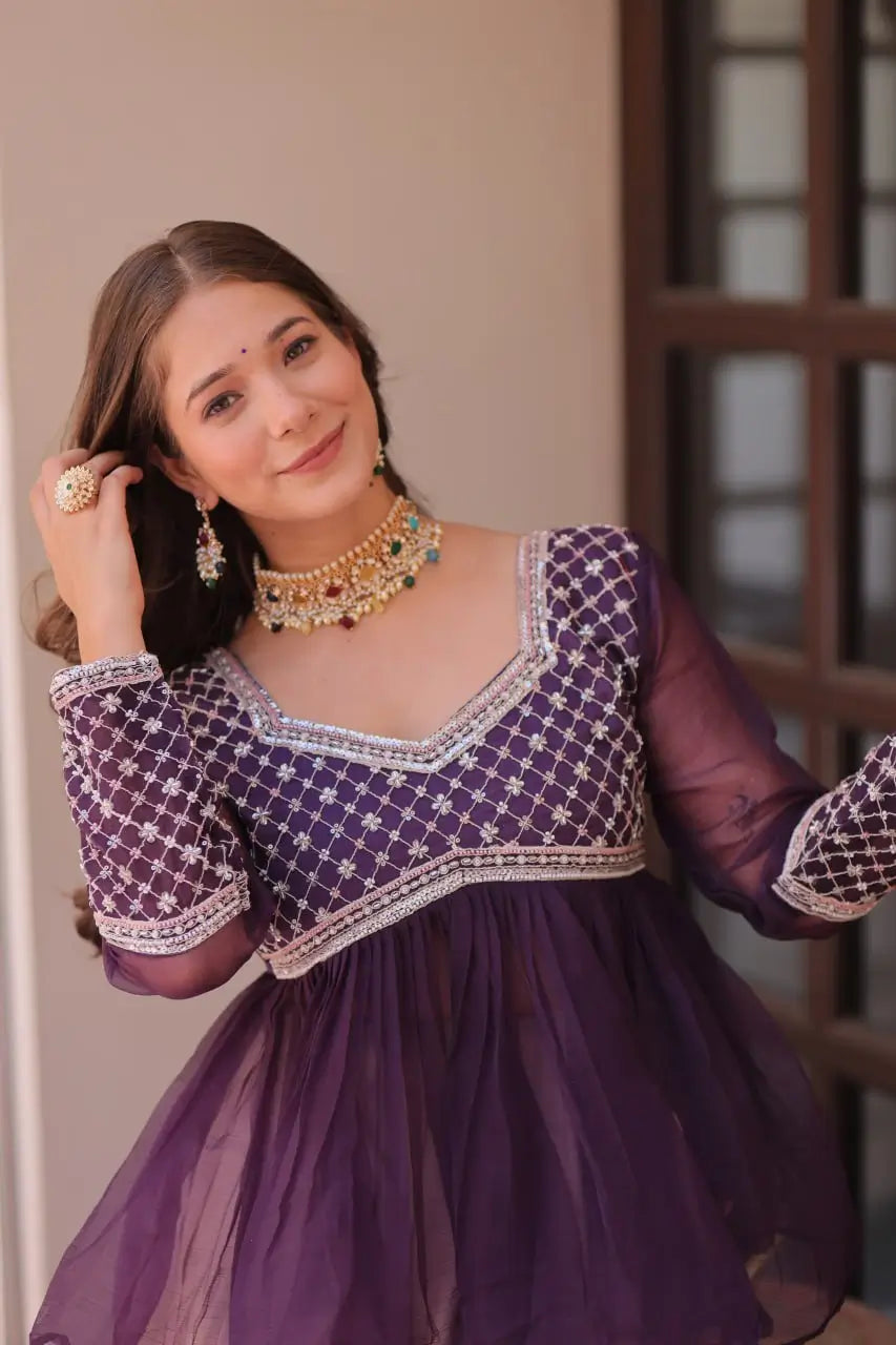 Cosmos Floral Print Lehenga with Embroidered Chiffon Peplum Blouse – Gajri & Purple