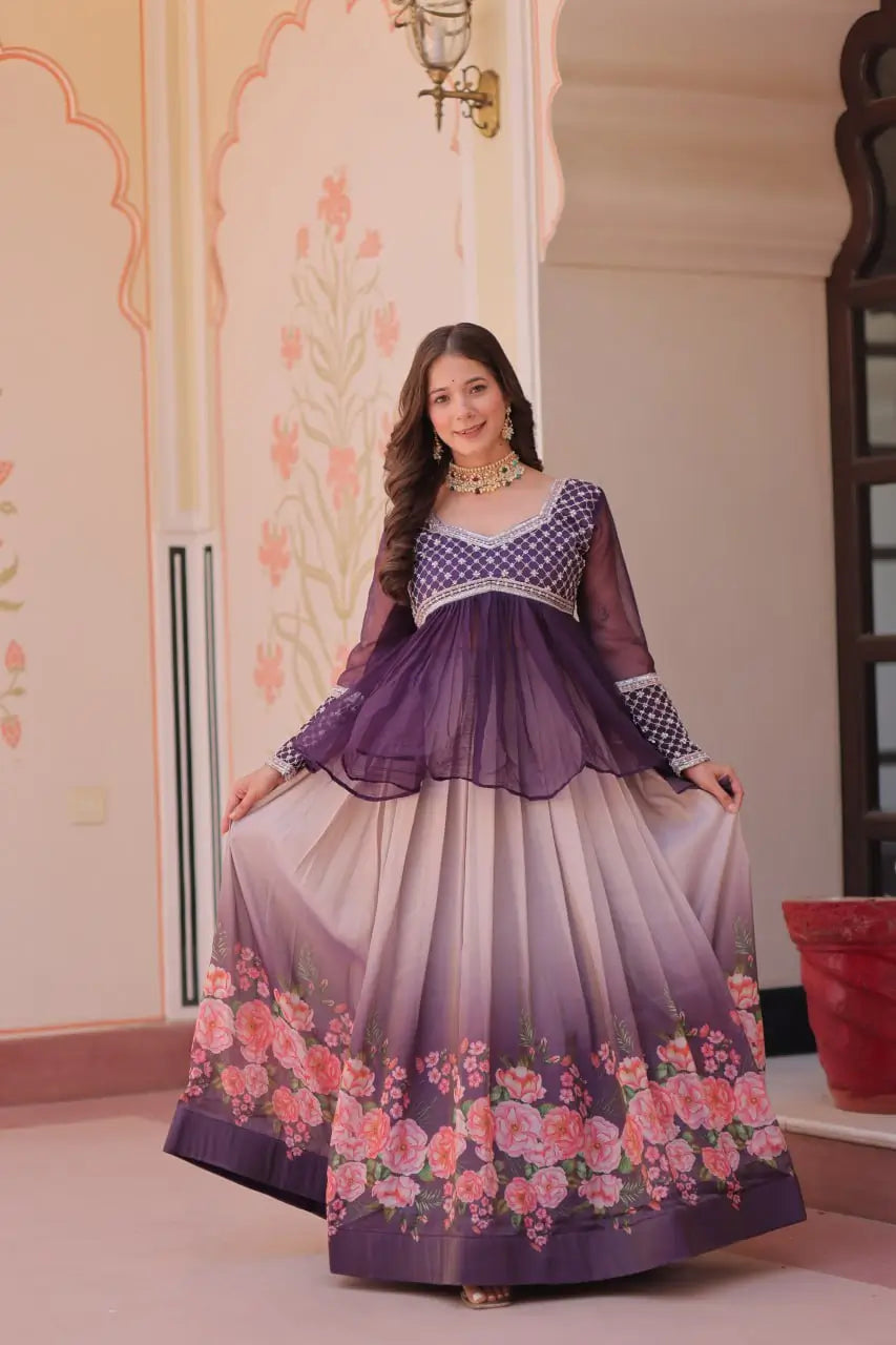 Cosmos Floral Print Lehenga with Embroidered Chiffon Peplum Blouse – Gajri & Purple