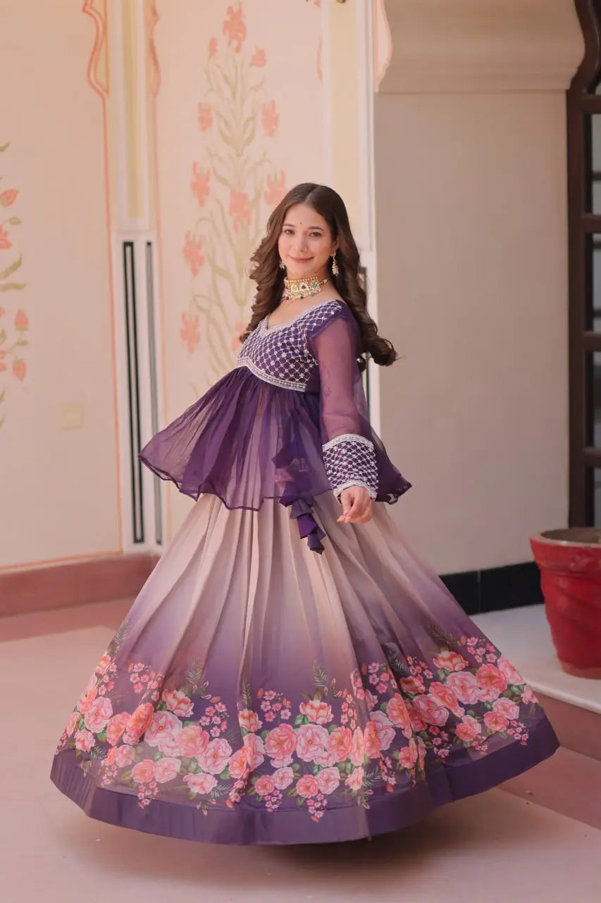 Cosmos Floral Print Lehenga with Embroidered Chiffon Peplum Blouse – Gajri & Purple