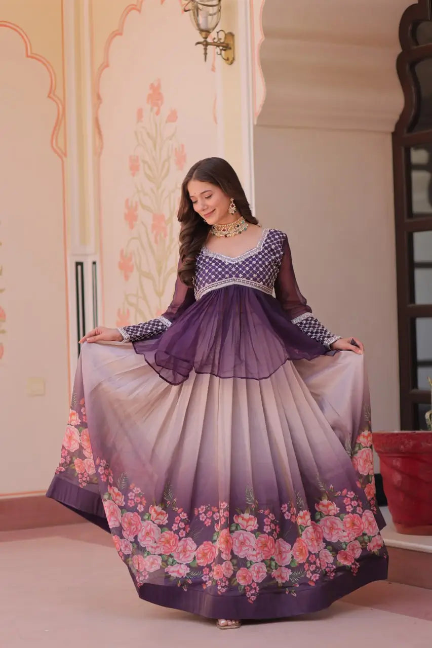 Cosmos Floral Print Lehenga with Embroidered Chiffon Peplum Blouse – Gajri & Purple