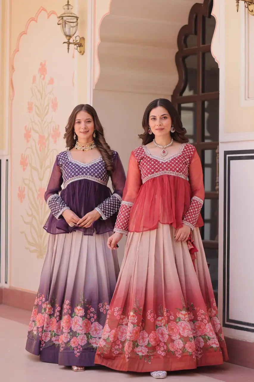 Cosmos Floral Print Lehenga with Embroidered Chiffon Peplum Blouse – Gajri & Purple