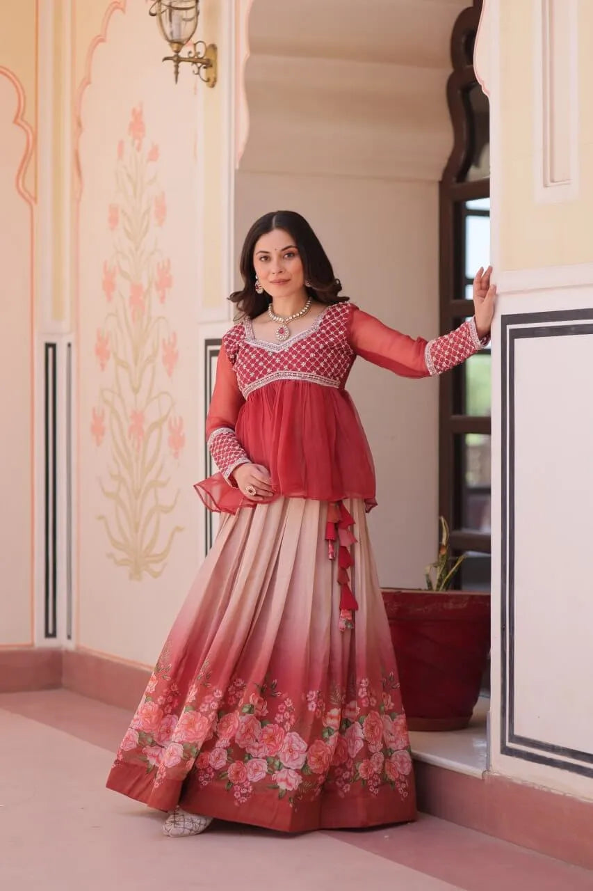 Cosmos Floral Print Lehenga with Embroidered Chiffon Peplum Blouse – Gajri & Purple