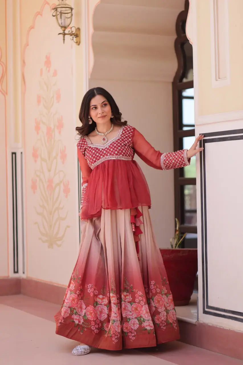 Cosmos Floral Print Lehenga with Embroidered Chiffon Peplum Blouse – Gajri & Purple