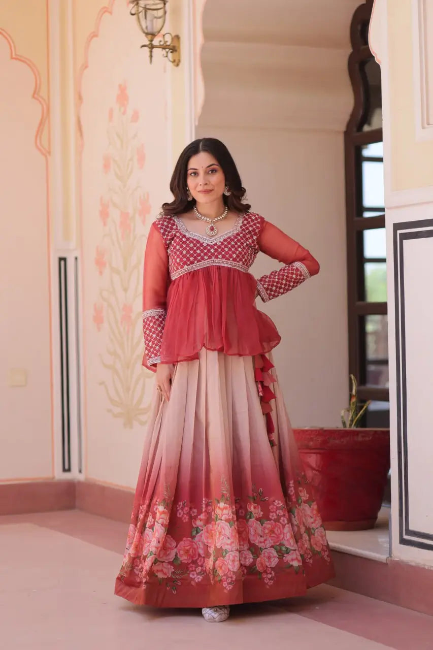 Cosmos Floral Print Lehenga with Embroidered Chiffon Peplum Blouse – Gajri & Purple