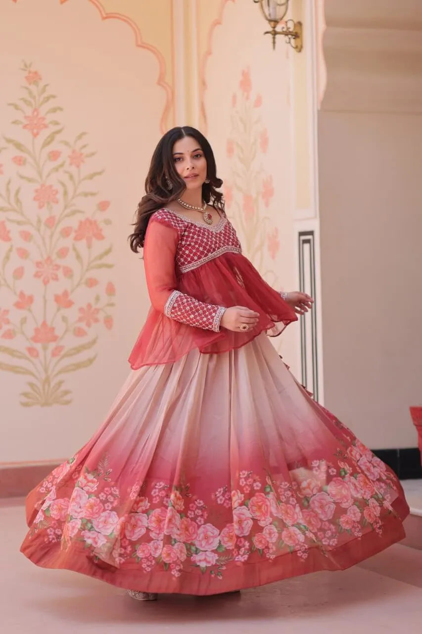 Cosmos Floral Print Lehenga with Embroidered Chiffon Peplum Blouse – Gajri & Purple
