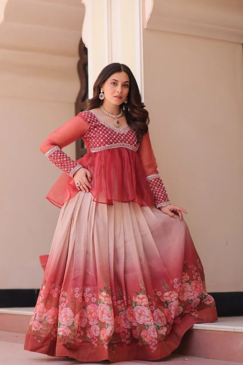 Cosmos Floral Print Lehenga with Embroidered Chiffon Peplum Blouse – Gajri & Purple
