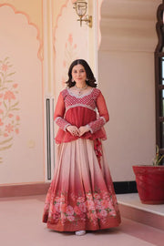 Cosmos Floral Print Lehenga with Embroidered Chiffon Peplum Blouse – Gajri & Purple